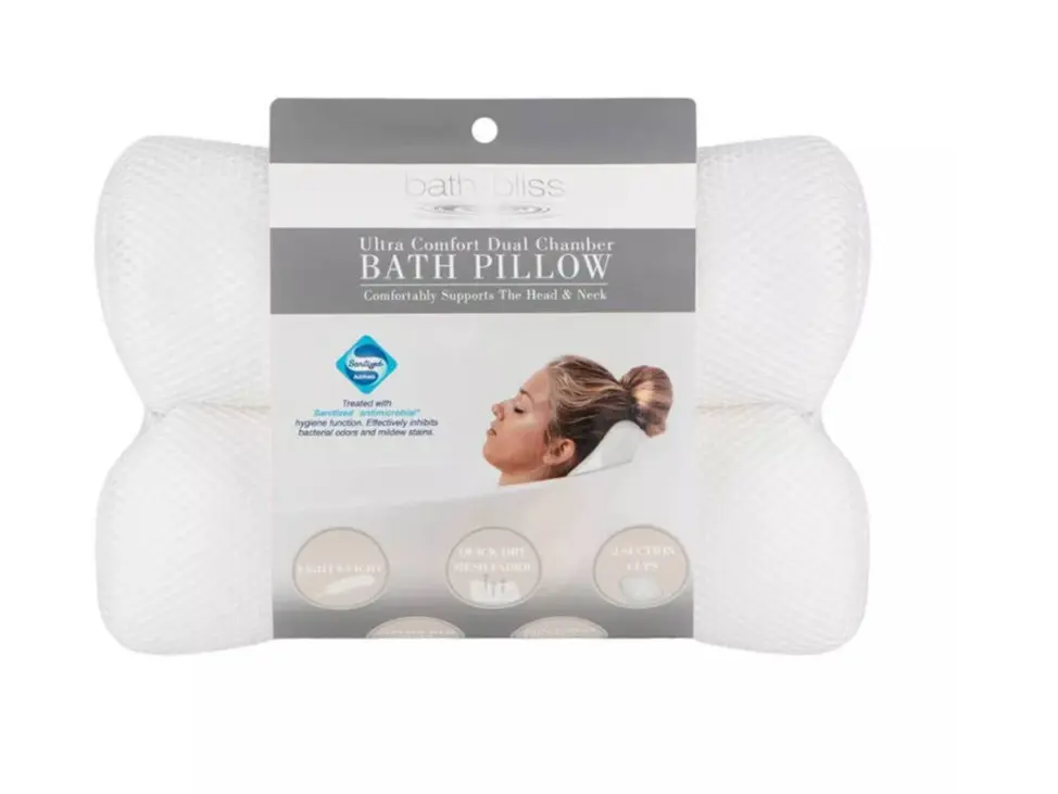 Bath Pillow - Quick Dry, Ultra Comfort Micro Mesh Sanitized White Bath Bliss Spa Cushion with Neck Support, Suction Cup Mount Mesh Bathtub Pillow, Bathroom Accessory, Mesh Bathtub Pillows