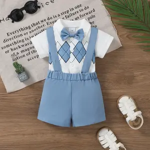 Baby Boy Gentleman 2-Piece Set Argyle Pattern Bow Tie Bodysuit + Suspender Shorts for 1-18M Light Blue,Ready Stock 42510047