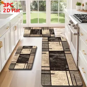 2pcs/3pcs Flannel Kitchen Mat Set, Mondrian Style, Anti-Slip, Absorbent, Ideal for Kitchen, Bathroom, Laundry Room, Hallway