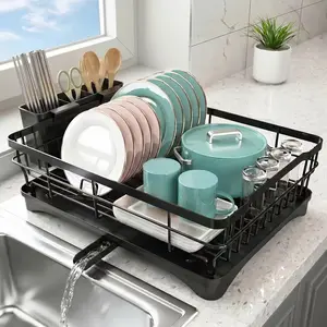 Modern Kitchen Stainless Steel Dish Drying Rack with Auto Drain System, Large Countertop Organizer for Home & Apartment, Black Cutlery Holder