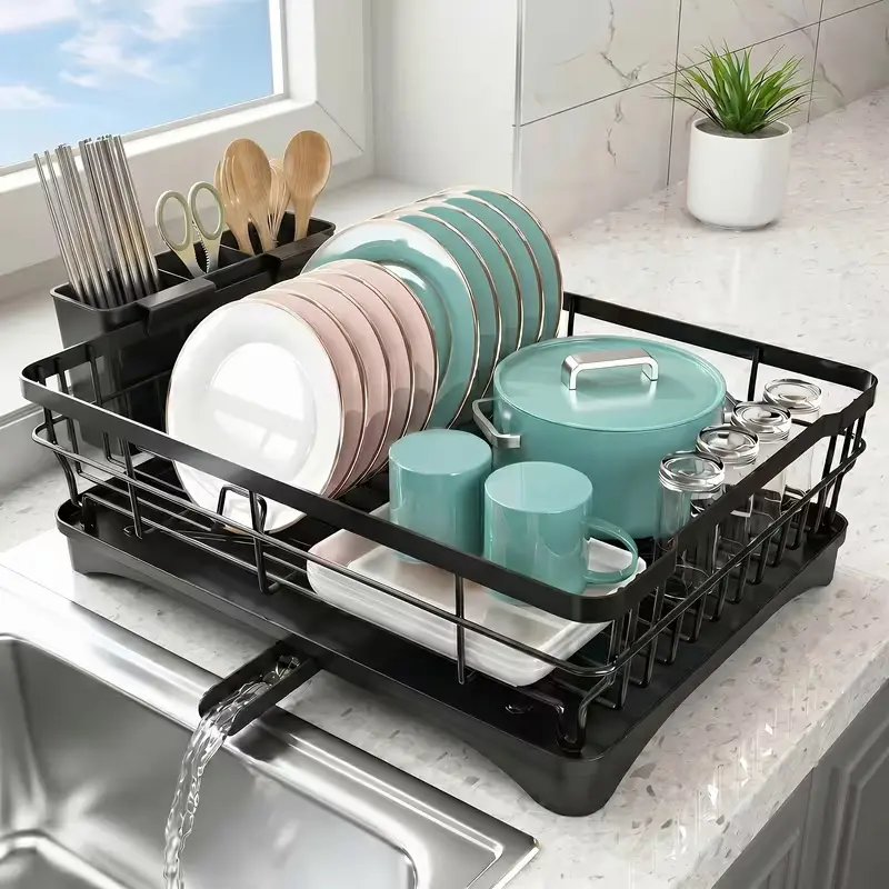 Modern Stainless Steel Dish Drying Rack - Adjustable Dish Drying Rack Shelving & Storage with Auto Drain System, Large Countertop Home Organizer for Apartments, Black Utensil & Board Holder, Bowl
