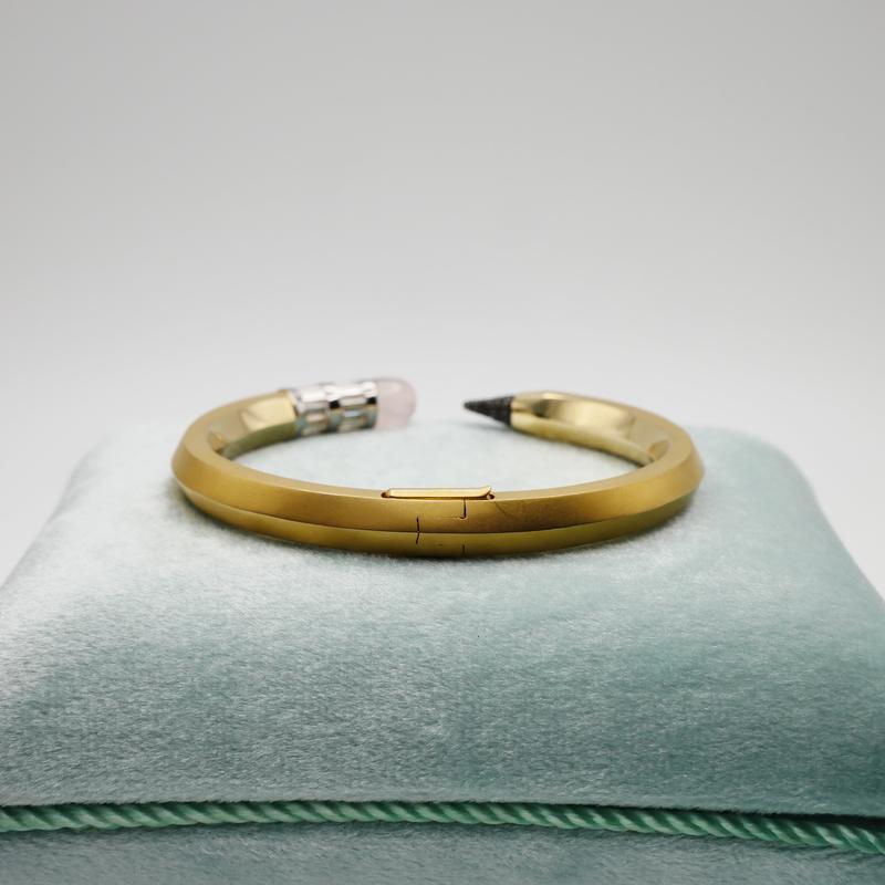 18K Solid Gold Pencil Bracelet Bangle with Moissanite and Pink Nephrite