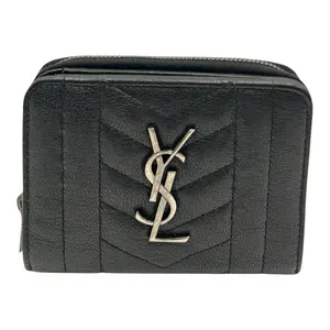 Pre-owned Yves Saint Laurent MATELASSE CHEVRON Small Leather Goods YSL GRAIN DE POUDRE MONGRAM ZIP WALLET BLACK