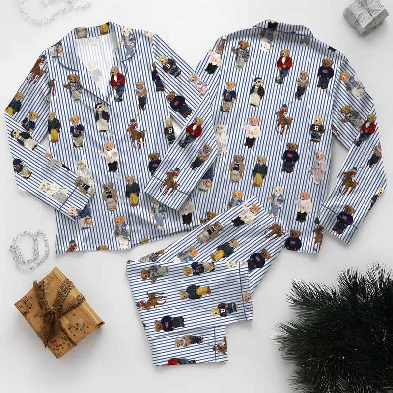 Pajamas Set for Women, Pajamas Bear Set for Women, Cute Bear Print Pajamas, Casual Long Sleeve Shirt & Elastic Pants, Soft Stretch Fabric, Comfortable