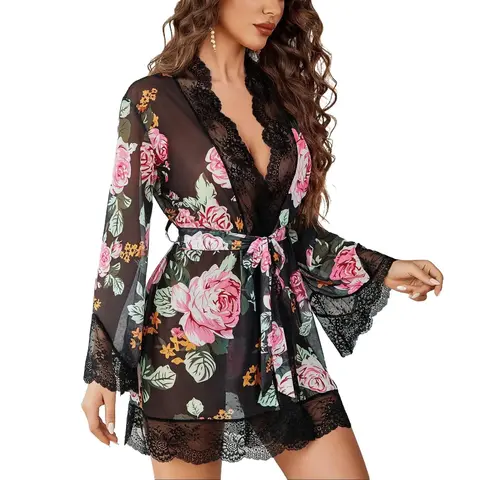 Avidlove Women Lace Kimono Robe  Lingerie Mesh Chemise Nightgown Cover Up