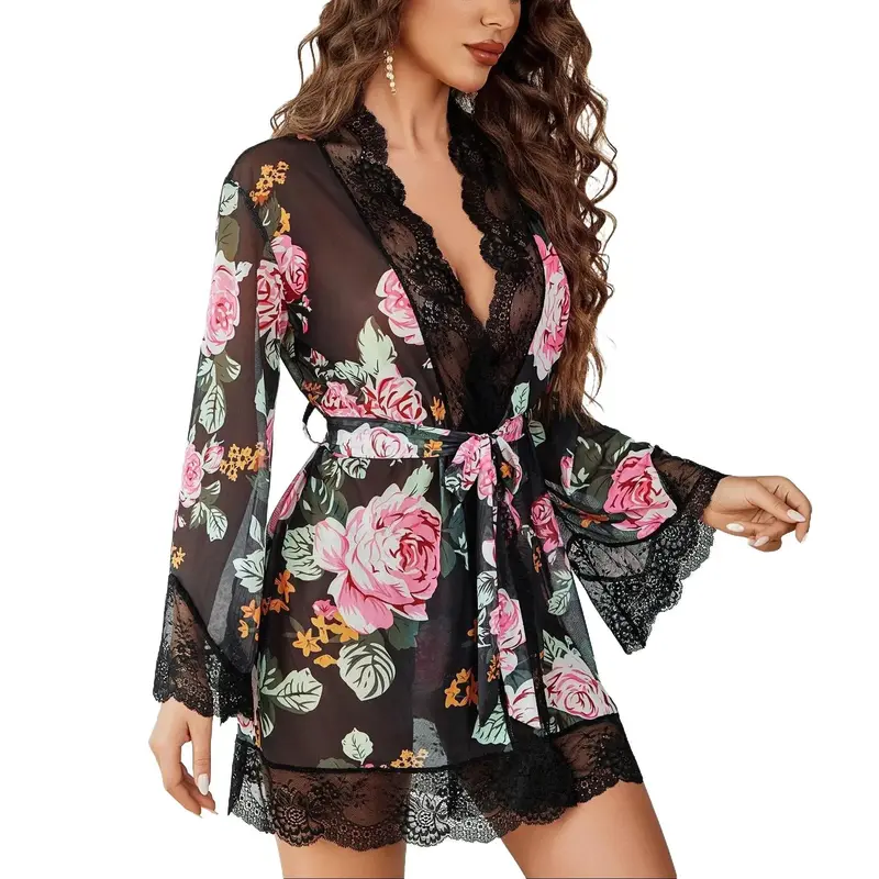 Avidlove Women Lace Kimono Robe  Lingerie Mesh Chemise Nightgown Cover Up