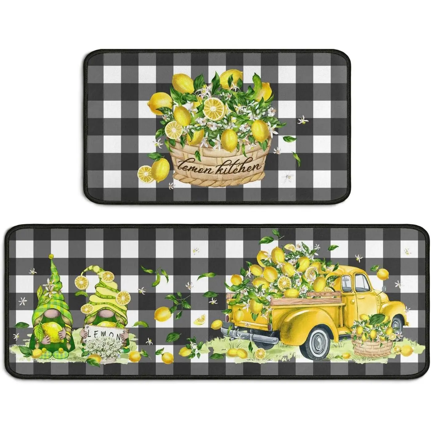 Lemon Kitchen Mat Set of 2, Farmhouse Black and White  Plaid Rugs and Mats Non-Slip Washable, Lemon  Floor Mats for Kitchen Sink Laundry Room, 17x30+17x47Inch