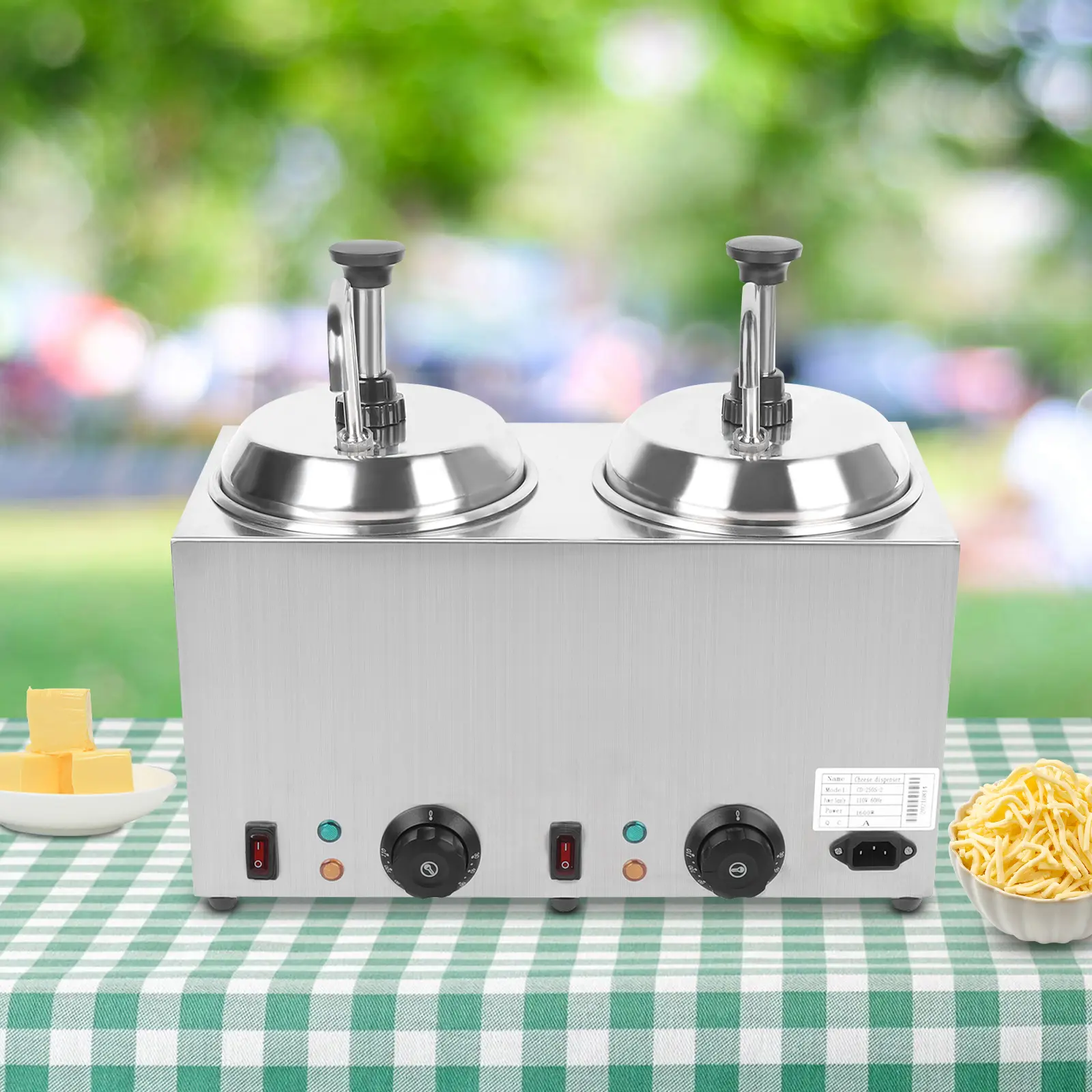 1600W Commercial Hot Fudge Warmer Nacho Cheese Sauce Warmer with Pump Dispenser Stainless Steel Cheese Tool