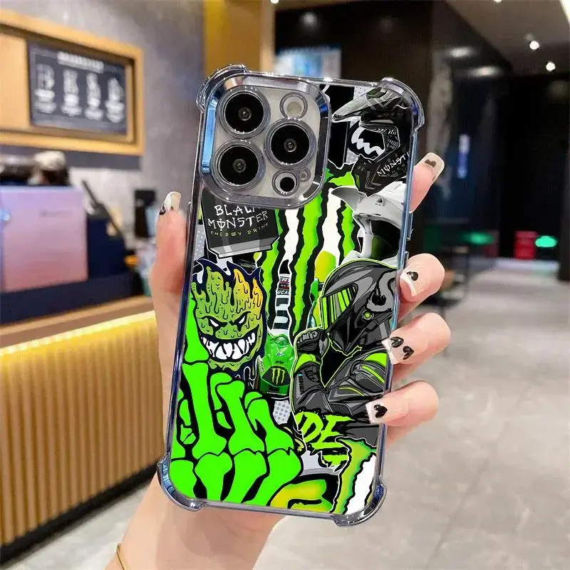 Monster Energy Phone Case for iPhone 17 16 15 14 Pro Max Plus | Cool Motocross Racing Graffiti Black Green Shockproof Corner Cushion Protective Cover