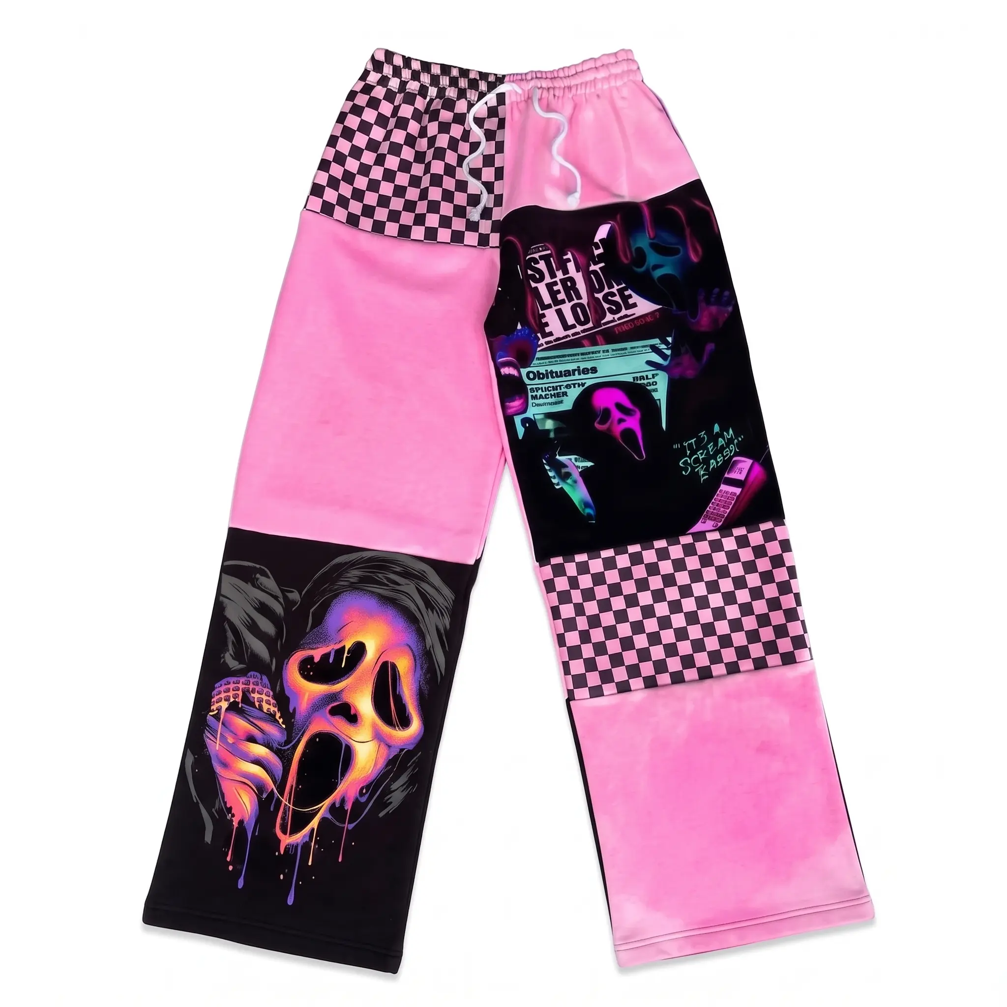 (Size up if want looser fit) Ghost Face Checkerboard Halloween Sweatpants, Horror Patchwork Jogger Pants, Spooky Streetwear Pants, Unisex Fall Winter Lounge Pants