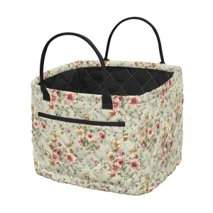 Quilted Storage Basket Cute Green Floral Car Interior Organization with Handle Pocket Soft Foldable Large Mommy Bag for Clothes Toys
