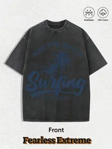 Men's American Vintage Washed Cotton T-Shirt RIDE THE WAVES Surfing Aloha Hawaii Palm Tree Surf Print Short Sleeve