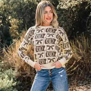 Women??s Bows & Horseshoes Pattern Western Fashion Print Drop Shoulder Cozy Sweater Plus Size Sweater Size S-4X??gift??