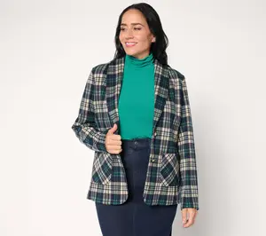 Susan Graver Petite Jacquard Knit Plaid Shawl Collar Blazer