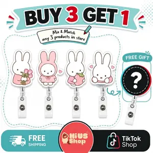 [BUY 3 GET 1 FREE] Cute Pink Miffy Badge Reel, Cute Retractable ID Holder, Durable Clip for Students, Nurses, Teachers and Officer Staff  - Gift For Miffy Lovers