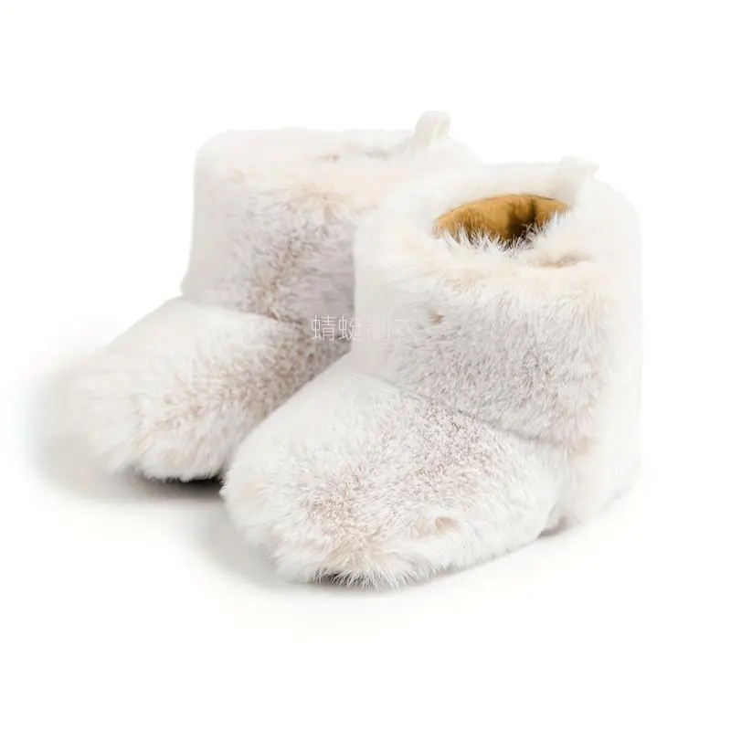 Girls' Solid Faux Fur Mid-Calf Velcro Strap Boots, Plush Warm Fabric Footwear for Fall Winter Indoor & Outdoor Wear