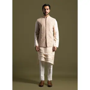 Peach silk nehru jacket set