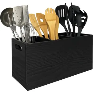 Large 3 Compartment Wooden Utensil Holder Organizer Caddy for Countertop Cooking Tool Storage for Spatula Farmhouse Kitchen Decor Accessories Black