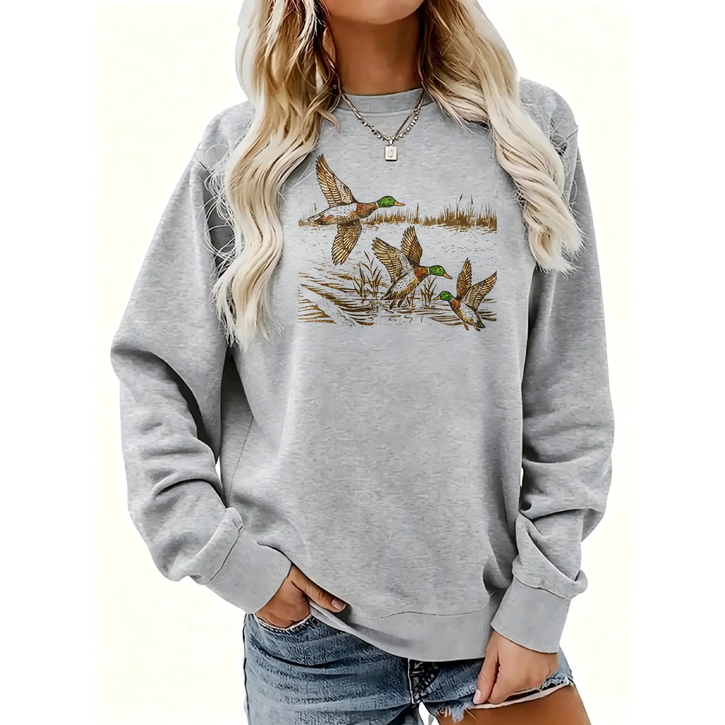 Women's Flying Ducks In Marsh Scene Crewneck Sweatshirt | Soft Stretchy Long Sleeve Pullover | Cozy Fall Layering Essential For Casual Daily, Office & Streetwear Looks
