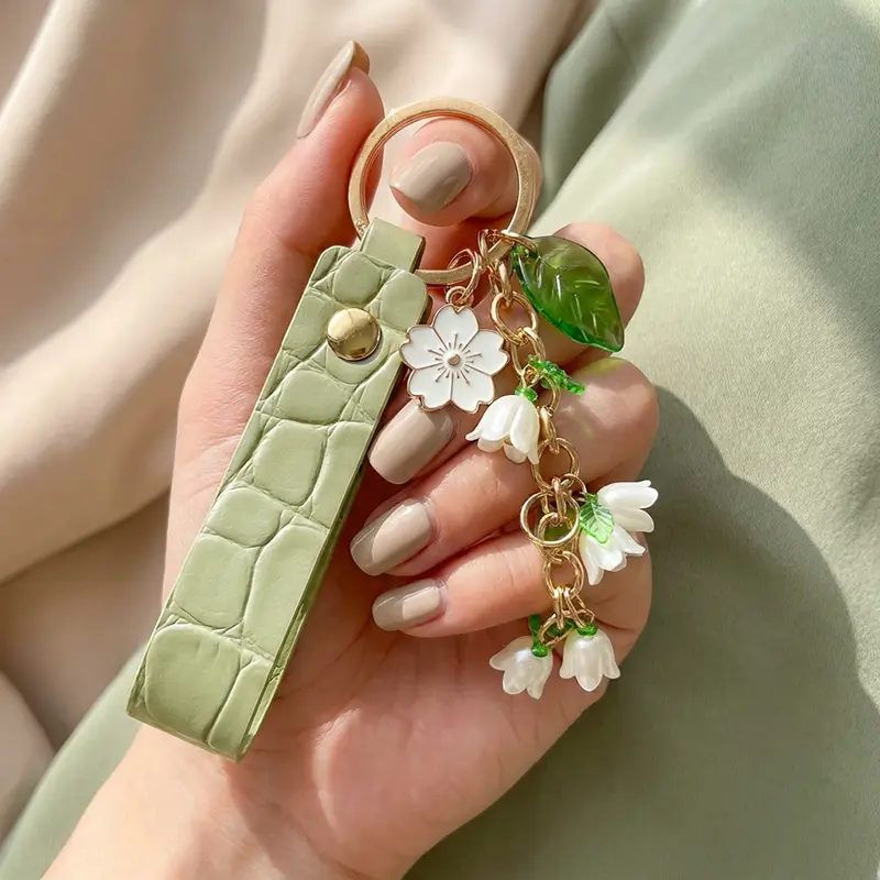 Lily of the Valley Keychain, Cute Floral Croc Leather Bag Charm Pendant, Aesthetic Keyring Accessory for Women, Perfect Bestie Friendship Gift sohochic