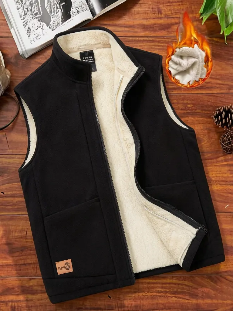 Men’s Fleece-Lined Stand Collar Waistcoat - Solid Color, Polyester Casual Clothes with Zipper, Warm for Winter Outdoor Wear