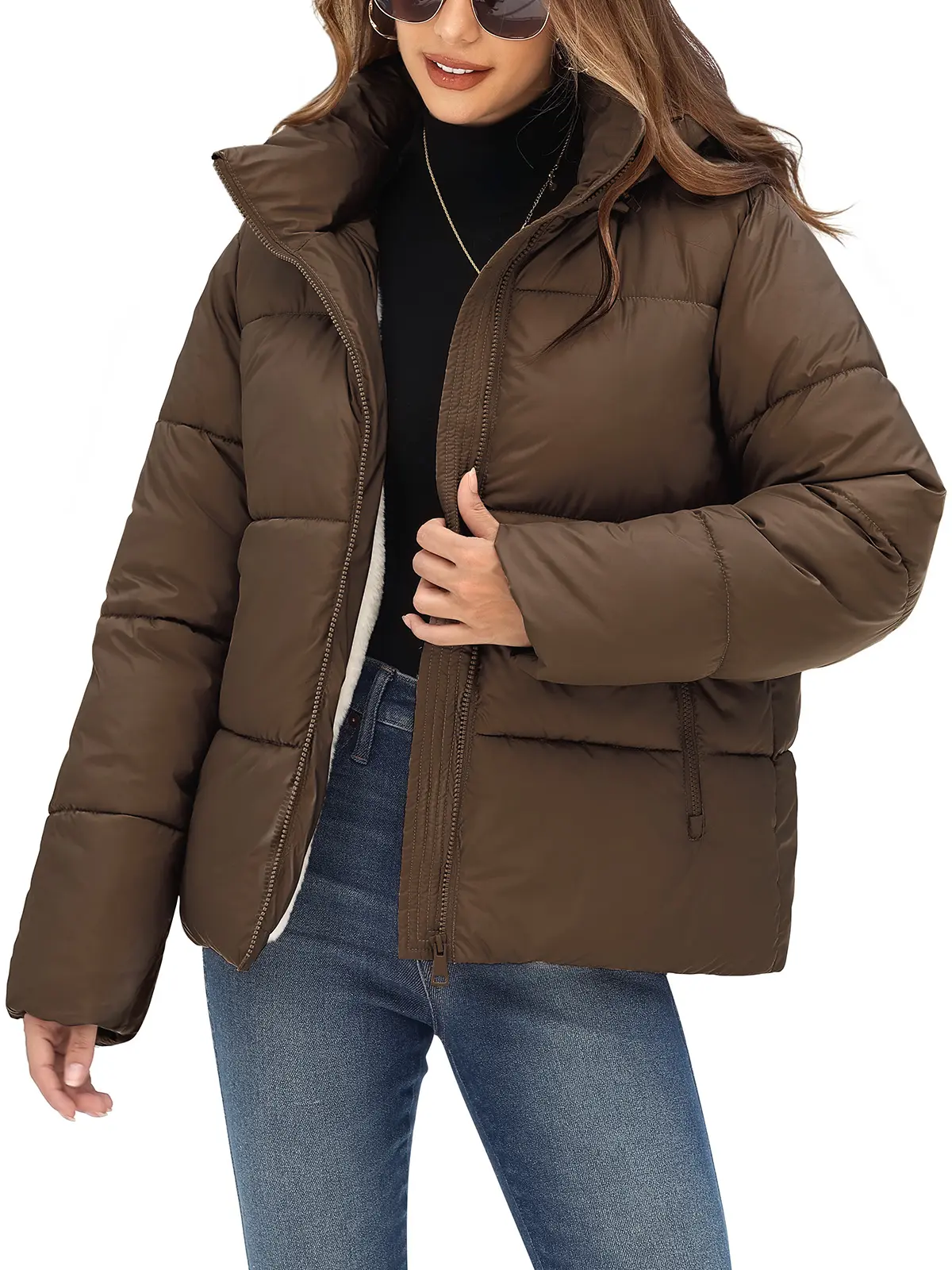 【Early Bird Price】HEEKPEK Women's Winter Light Puffer Coat, Long Sleeve Cropped Shell Tops with Faux Fur Lining, Quilted Detachable Hood & Pockets for Everyday Wear