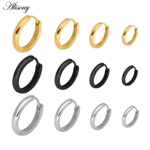 Alisouy 2mm width 1Pair Mens Women Stainless Steel hip hop Helix Ear Circle Hoop Earrings Huggies Piercing Jewelry