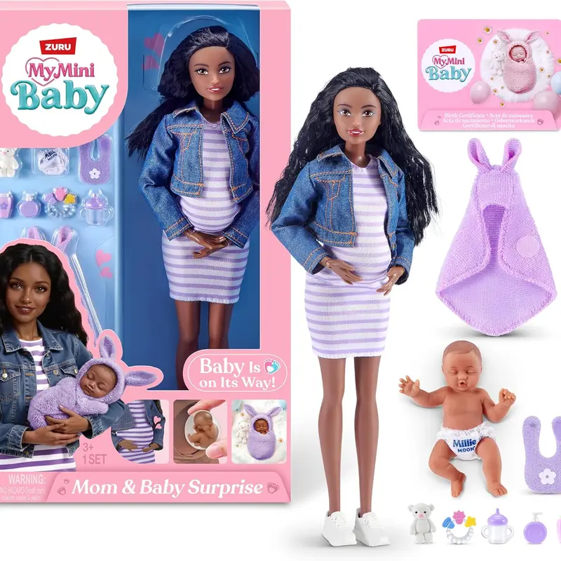 MY MINI Mom & Baby Surprise (Nicky) By ZURU | mini pregnancy doll toy with newborn baby accessories, realistic nurturing play, collect all 3, play & display, kids gifts