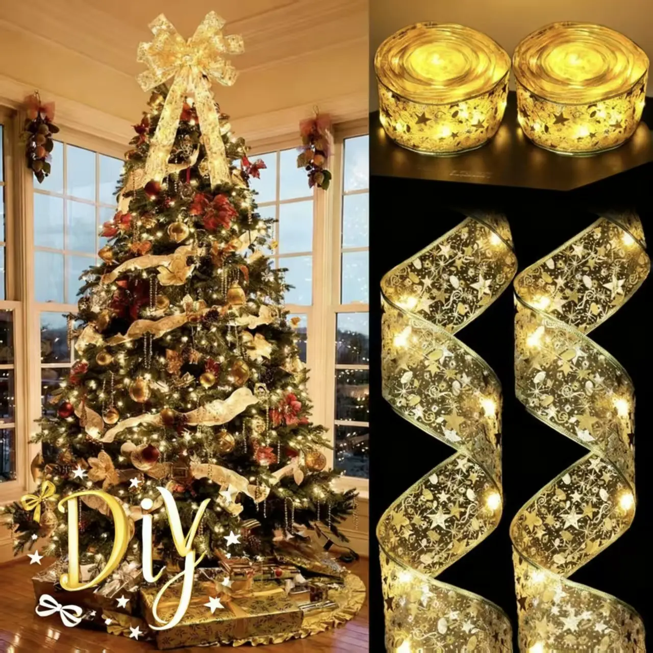 Christmas Tree Decorations 2 Pack 32Ft 100LED Gold Ribbon Lights Battery Powered Double Layer Bows for Home Party Holiday New Year Decor