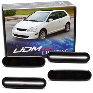 iJDMTOY 4pc Set Black-Out Smoked Lens All White Full LED Strip Front/Rear Side Marker Light Kit For 2002-2005 Honda Civic Si/SiR 3Dr Hatchback ONLY