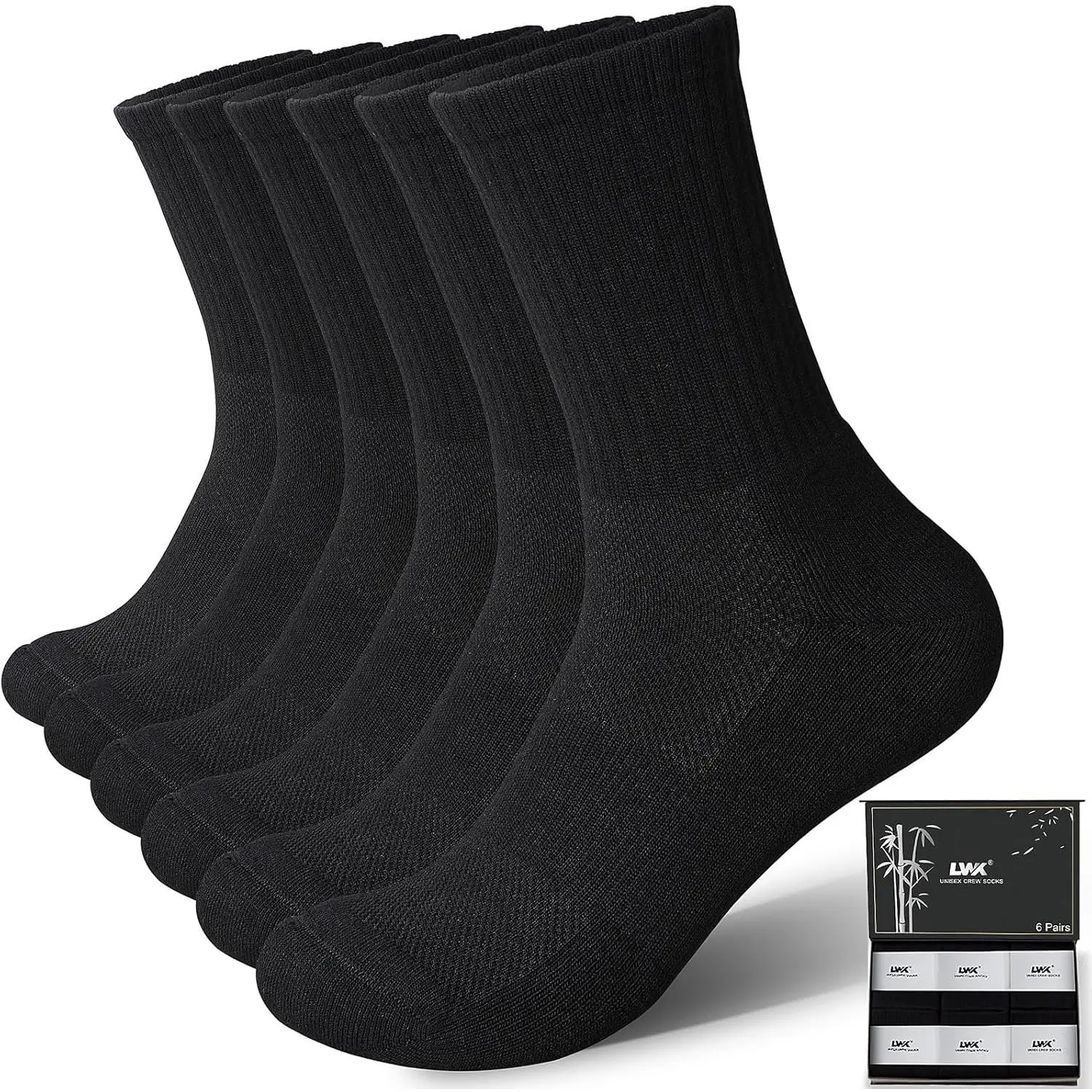 LWK Men's Bamboo Viscose Athletic Crew Socks, Thick Cushioned Moisture Wicking Breathable Running Socks, 6 Pack Gift Box