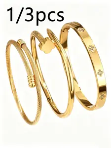 Layered Stack Bangles bracelet Set 1/3pcs, 18 K Gold Zircon Stainless Steel floral charm Bracelets, Non Tarnish Open Bangle for Women, Adjustable hand chain Cuff, Daily Fashion Jewelry, Gift for Her cute jewelry lock bracelet