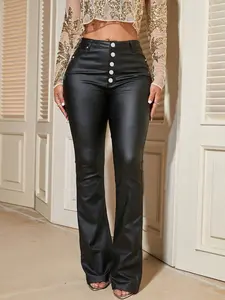 Apperloth Studio Women High Waist Single Breasted PU Leather Long Pants-Office Lady Flare Pants