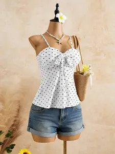 Sweet Summer Style Women's Polka Dot Thin Strap Cool Lightweight Breathable Tank Top, Chest Tie Bow Design, Fashionable and Comfortable Clothing for Ladies