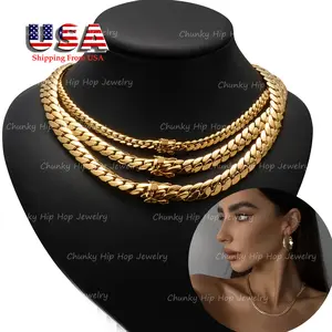 316L Stainless Steel Fashion Miami Cuban Link Flat Chain Necklace Gold Jewelry For Girls/Women/Men/Boys