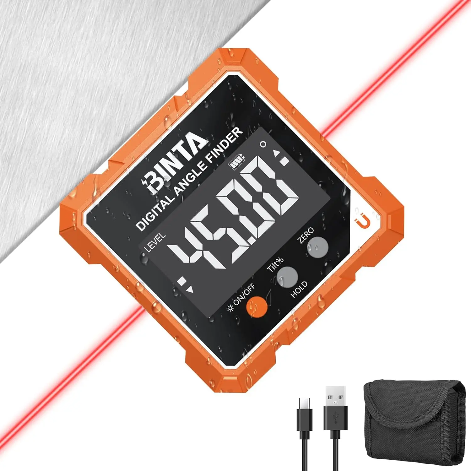 BINTA Digital Angle Finder with Laser, 4-side Magnetic Angle Gauge Orange