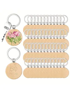 50pcs Wooden Round Keychains Set, DIY Gift, Decorative Key Tags, Unisex Wood Accessories, All Seasons Use, Boho Style