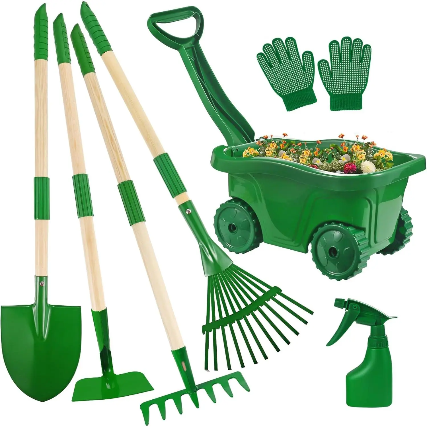 Kids Gardening Multi-Tool Set - 7pcs-Green Wheelbarrow Kit with Shovel, Rake, Leaf Rake, Outdoor Yard Digging Weed Toys, Boost Toddler Interest, Any Holiday Gifts for 2-5+ Years Old Boys Girls