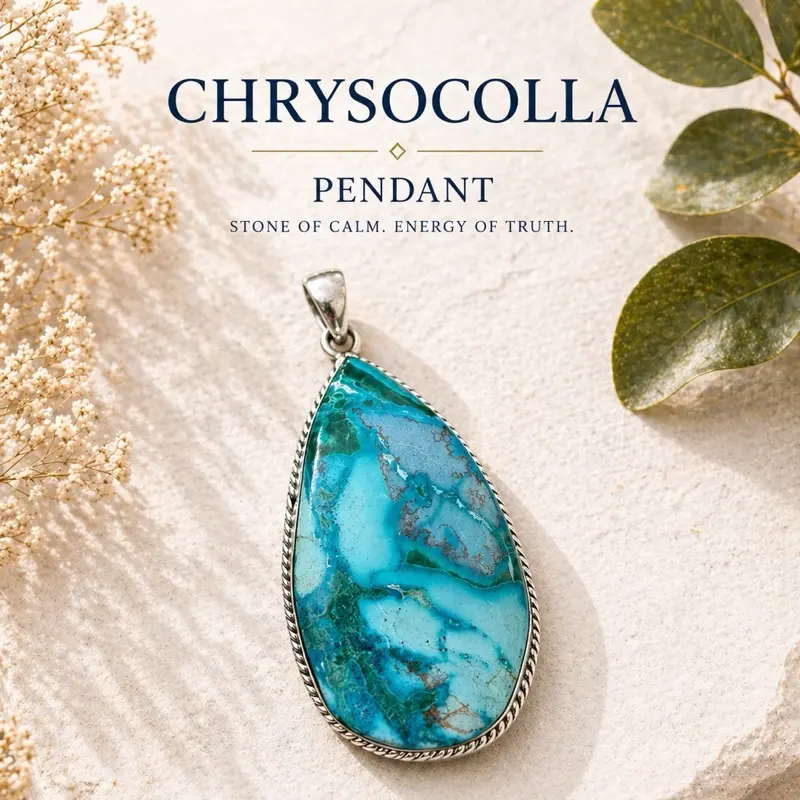 .925 Solid Sterling Silver Chrysocolla Natural Stone Pendant
