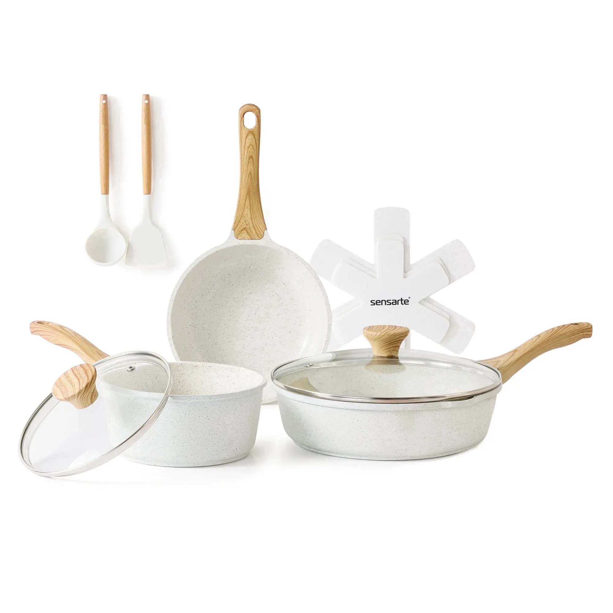 SENSARTE Ceramic Pots and Pans Set, 10Pcs Nonstick Cookware Set with Stay-Cool Handles, Healthy Kitchen Pan Set, Induction Compatible, Dishwasher Safe, Stackable, White