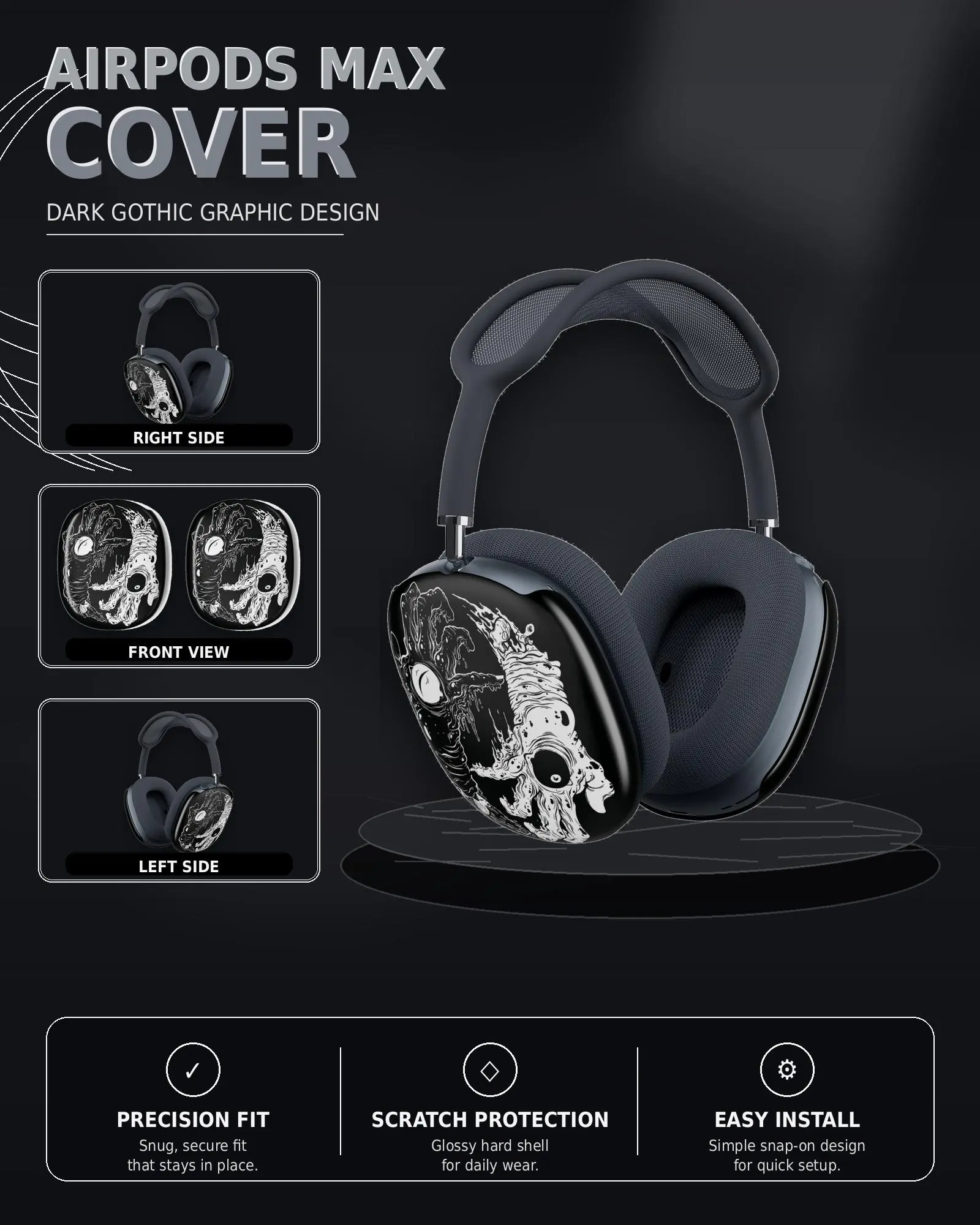 Dark Skull AirPods Max Case – Black Gothic Protective Ear Cup Covers, Spooky Punk Headphone Accessories