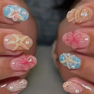 24pcs Oval Short Nails, Nude /light Blue Base, 3D Star/shell/hibiscus, Pearl Decor, Reusable, Beginner-Friendly, Includes Jelly Glue & Nail File, Versatile Use