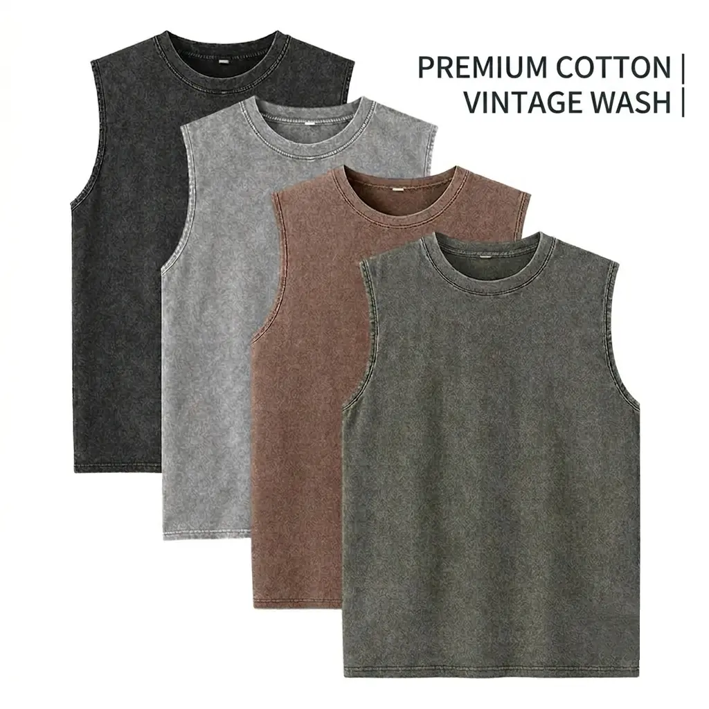 Women's 4-Pack Cotton Gym-Ready Vest Tops, Heavyweight Loose-Fit Crew Neck Sleeveless Plain Medium-Length, Vintage Washed for Gym & Casual Wear, Black+Gray+Apricot+Coffee, Machine Washable