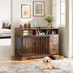 Heavy Duty Farmhouse Dog Crate Furniture End Table, Wooden Pet Kennel with Storage Drawers & Food Bowls, Decorative Indoor Dog Bed for Medium & Large Dogs, Black