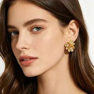 Gold Flower Stud Earrings, Boho Chic Hammered Texture Multi-layer Petals with Sparkling Zircon, Lightweight Hypoallergenic Statement Earrings for Women Girls, Non-Tarnish Trending Fashion Jewelry for Daily Party Wedding Bridal Wear on TikTok
