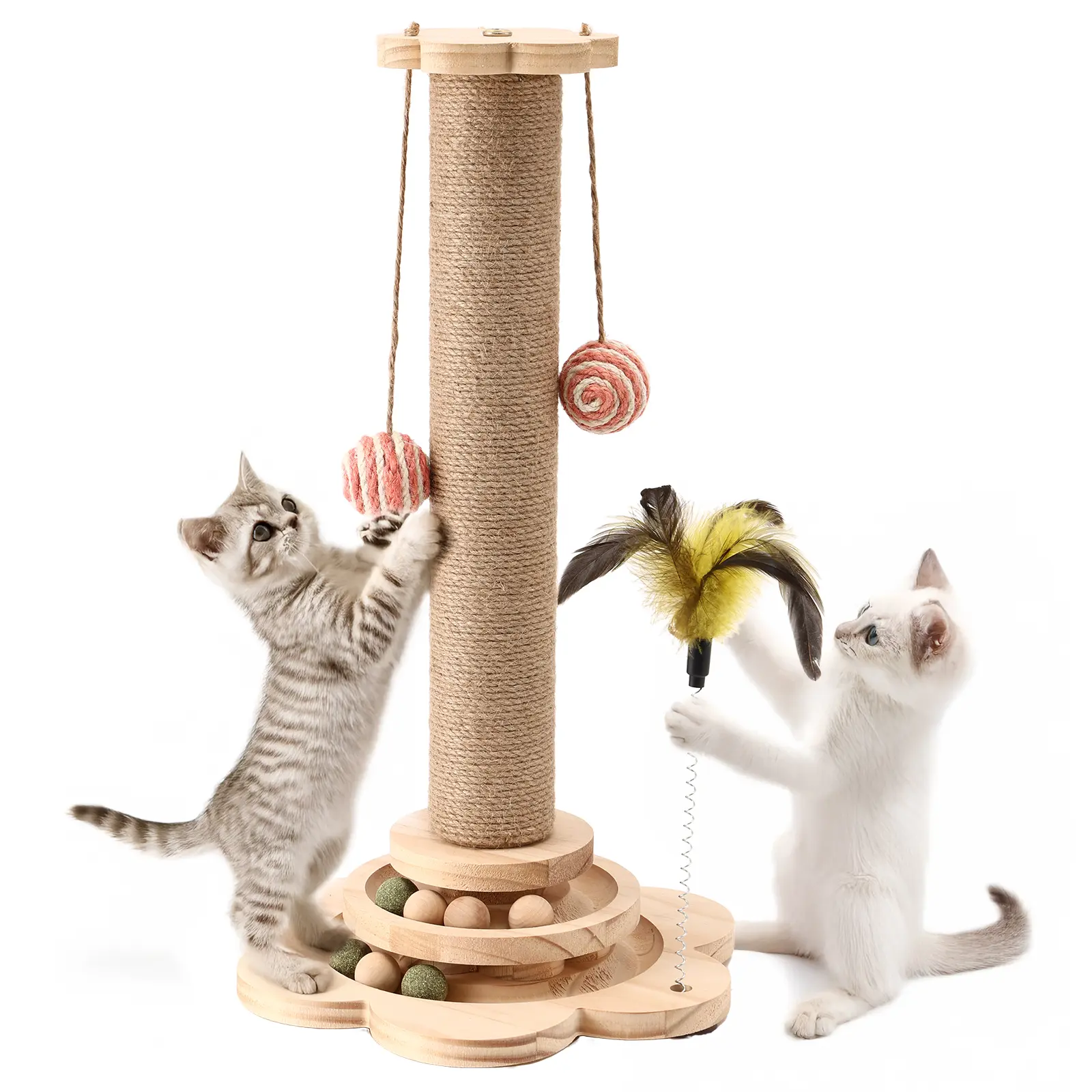 itten & Small Cat Scratching Post, Sisal Scratch Post for Indoor Cats with Hanging Toys, Solid Wooden Multi - Track, Interactive Cat Play Equipment Vertical Scratcher