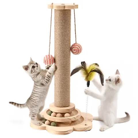 itten & Small Cat Scratching Post, Sisal Scratch Post for Indoor Cats with Hanging Toys, Solid Wooden Multi - Track, Interactive Cat Play Equipment Vertical Scratcher