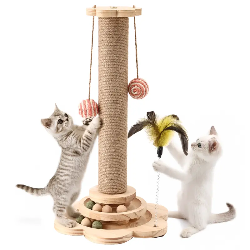 itten & Small Cat Scratching Post, Sisal Scratch Post for Indoor Cats with Hanging Toys, Solid Wooden Multi - Track, Interactive Cat Play Equipment Vertical Scratcher