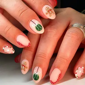 24pcs Short Square French Snowflake Cute Gingerbread Man Lollipop Sugar Acrylic Press-On Nails Set, Fake Nails Kit, Includes Jelly Glue and Nail File