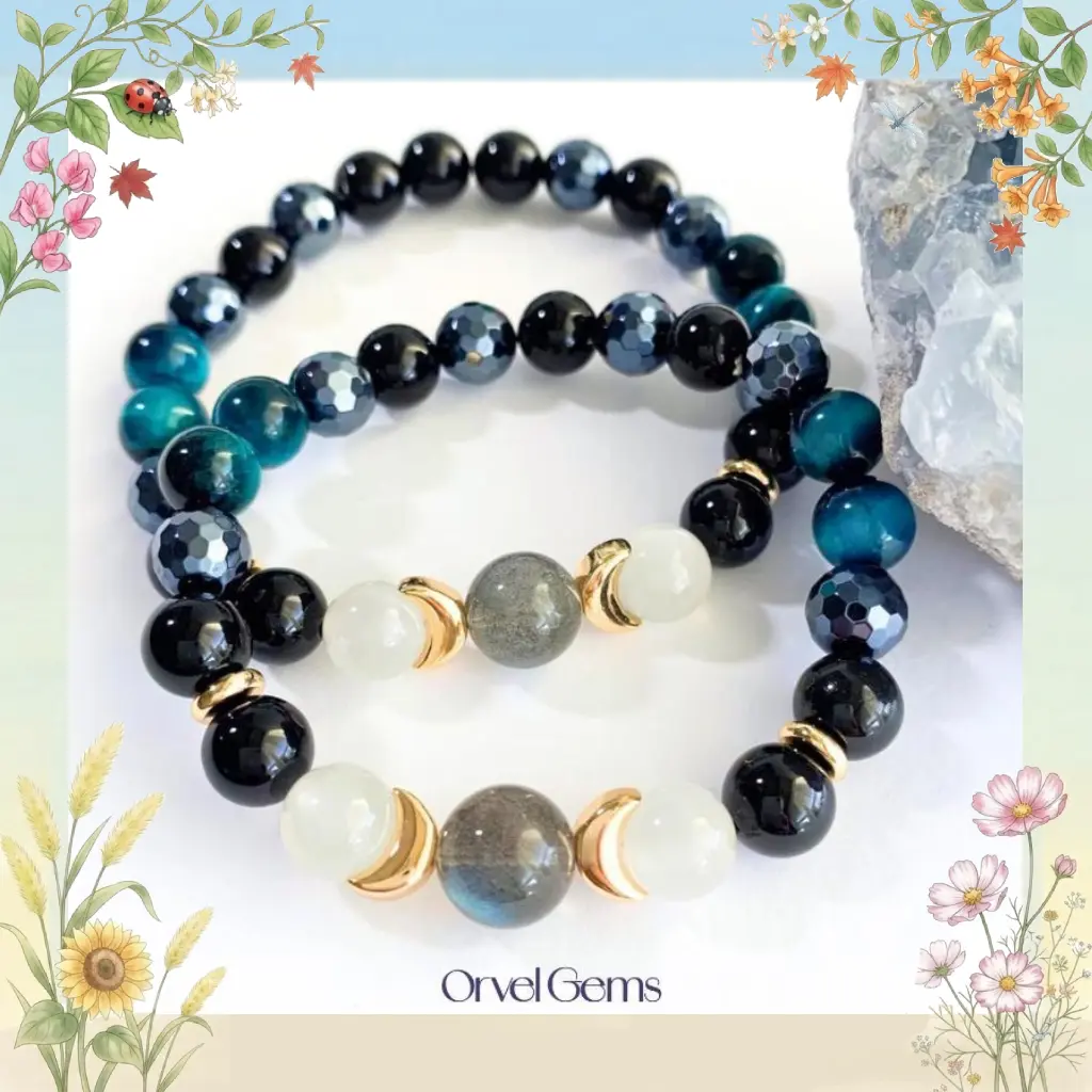 Triple Moon Protection Bracelet – Moonstone, Black Obsidian, Blue Tiger’s Eye, Hematite & Tourmalinated Quartz – Celestial Jewelry for Moon Phases & Manifestation Adjustable Bangle